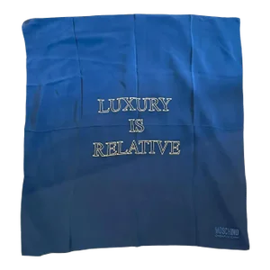 1980s Vintage Luxury Is Relative Blue and Gold Silk Italian Foulard by Moschino