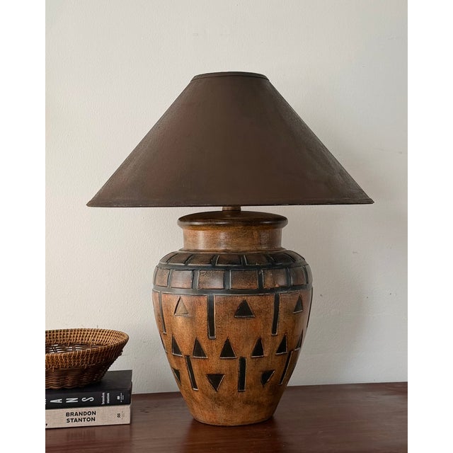 Late 20th-Century Geometric Relief Earthenware Table Lamp For Sale - Image 11 of 11