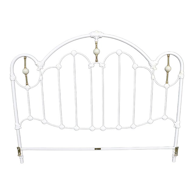Victorian Style White Iron and Brass Twin Bed Headboard For Sale