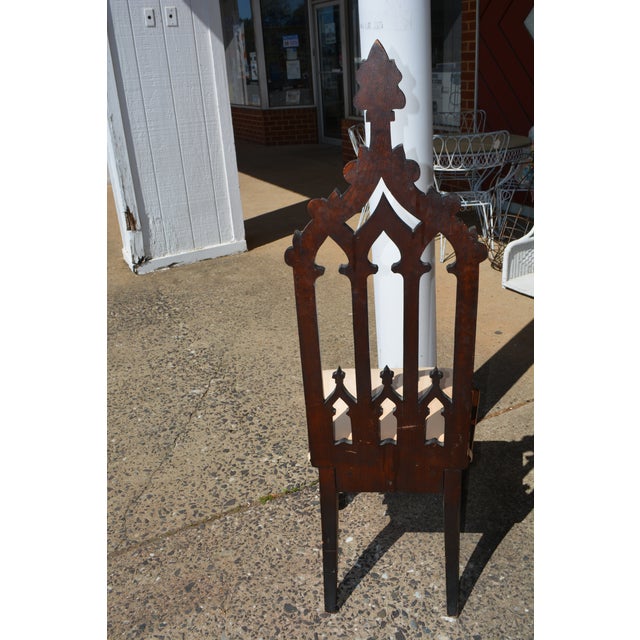 Vintage Pair Gothic Revival Carved Cathedral Arches Dark Wood Hall / Side Chairs W/ Cushions For Sale - Image 16 of 18