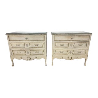 Early 20th Century Pair of Louis XV–Style Painted Chests With Antiqued Marbled-Foxed Mirror Tops For Sale
