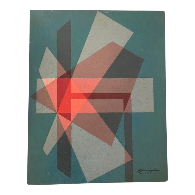 Benjamin Ben Frazier Cunningham (1925-1975) Painting Oil on Canvas Board 1952 “Scarlet” Op Art Hard Edge Mid Century 16”x20” For Sale