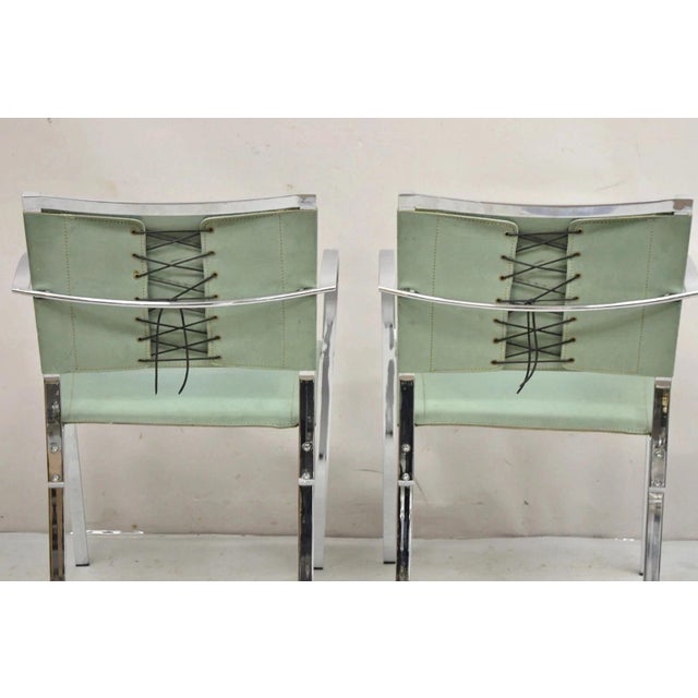 Mid-Century Modern Late 20th Century Italian Modern Naos Italy Teal Blue Leather Chrome "Corset" Arm Chairs - A Pair For Sale - Image 3 of 12