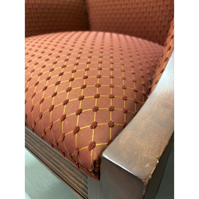 Italian Pair of Ethan Allen Contemporary Italian Provincial Red Upholstered Dining Arm Chairs With Rattan Woven Back & Sides For Sale - Image 3 of 10