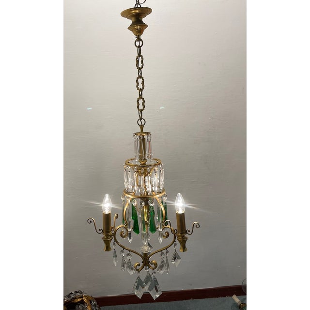 Brass and Green Crystal Chandelier, 1960s For Sale - Image 3 of 12