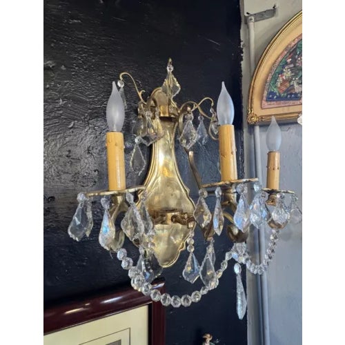 Pair of 1980s Contemporary Rococo Style Brass and Crystal Bi Level Three Light Sconces For Sale In Minneapolis - Image 6 of 12