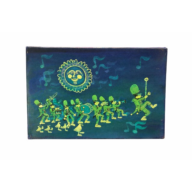 Pair of Vintage Post Modern Signed 1972 Whimsical Folk Paintings on Stretched Canvas – Fire Truck & Marching Band (Pair For Sale - Image 4 of 18