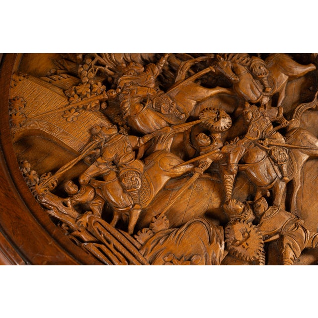 1930s Antique Carved Chinese Nesting Tea Table With Four Stools For Sale - Image 5 of 9