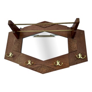 Antique French Hallway Rack in Carved Wood with Mirror, Hat Shelf and Brass Hooks, 1890s For Sale