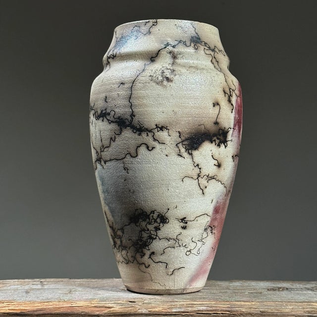 Contemporary Vintage Wood Fired Organic Modern Horsehair Raku Ceramic Vase, Signed (C.1970) For Sale - Image 3 of 7