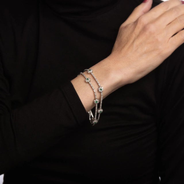 Mid 20th Century 3.50ct Diamond Flower Bracelet Emerald Vintage 18k White Gold 2 Rows Chairish