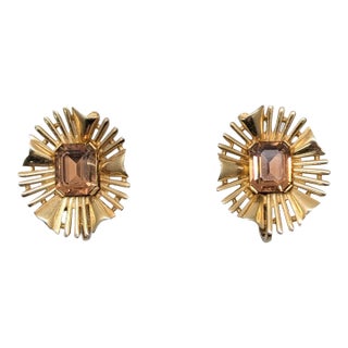 Vintage Signed Crown Trifari Goldtone Faux-Topaz "Ribbon" Clip Earrings- 2 Pieces For Sale