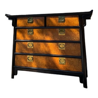 1970s Raymond K. Sobota for Century Chin Hua Burlwood Campaign Chest – Hollywood Regency Asian Inspired Dresser For Sale