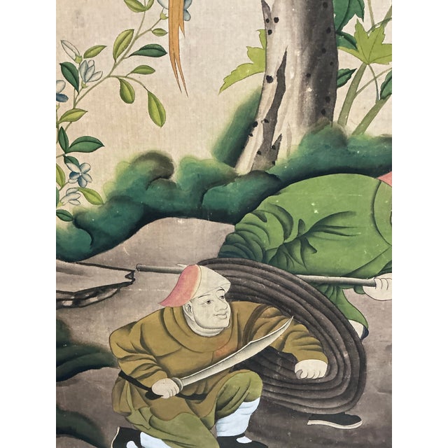 Large Antique Chinese Chinoiserie Hand Painted Framed Wall Paper Panel For Sale - Image 4 of 12