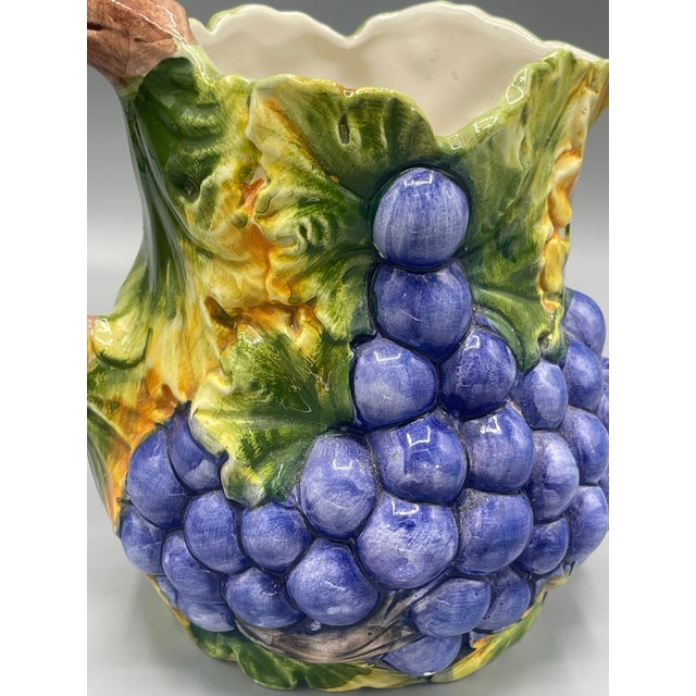 Late 20th Century Vintage Bassano Italy Hand Painted Grapevine Ceramic Pitcher French Country For Sale - Image 5 of 7