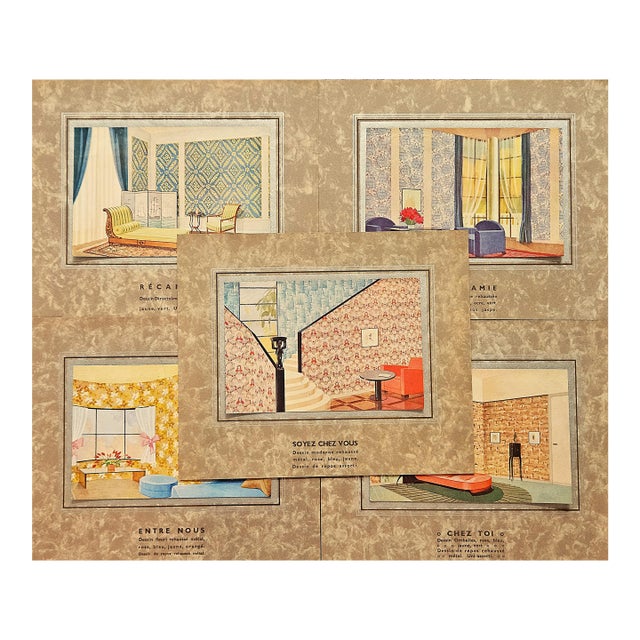 1934 Set of 5 - Art Deco French Interior Sitting Room Decor Prints For Sale
