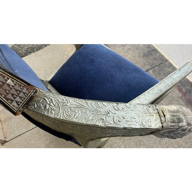 Silver Mid-Century Anglo-Indian Klismos Style Metal Clad Chairs W/ Lions & Velvet - Pair For Sale - Image 8 of 11