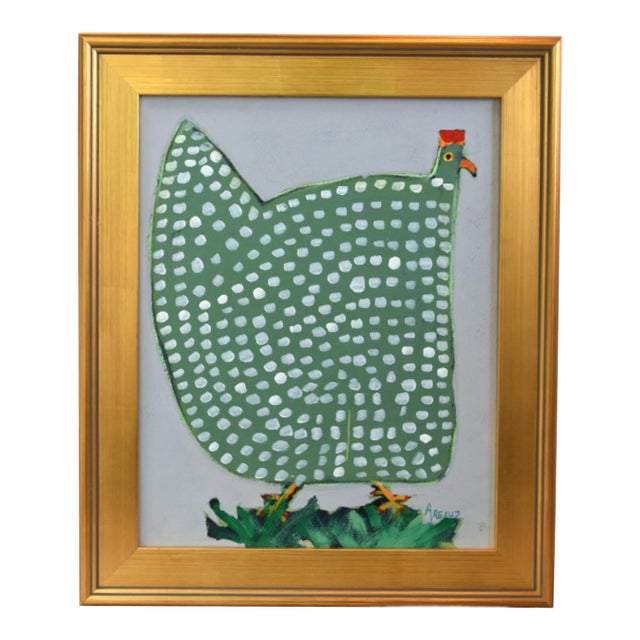 Original Green Folk Art Chicken Hen Painting by Ruth Arenz Including the Antiqued Gold Wood Fame For Sale