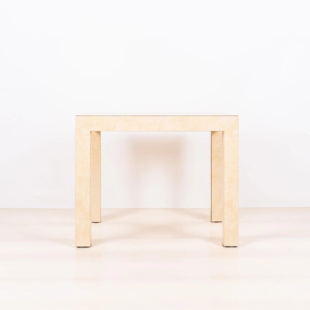 Pair of chic Parsons cream parchment laminate end tables or night stands. Great as end tables or minimalist night stands....