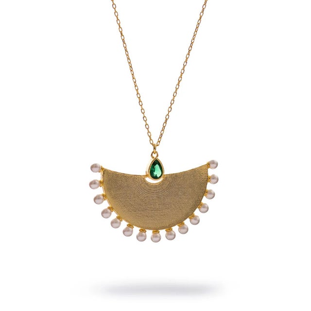 Cleopatra Moonlight Emerald & Pearl Gold Necklace For Sale - Image 11 of 11