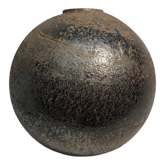 Vintage Metallic Black Iridescent Toned Italian Textured Glass Vase For Sale