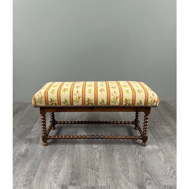 Yellow Antique Turned Wood Bench with Floral Tapestry Seat For Sale - Image 8 of 8
