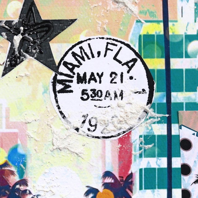 Textile Miami Postcard - Original Mixed Media Pop Art Miami Cityscape on Canvas by Marion Duschletta For Sale - Image 7 of 10