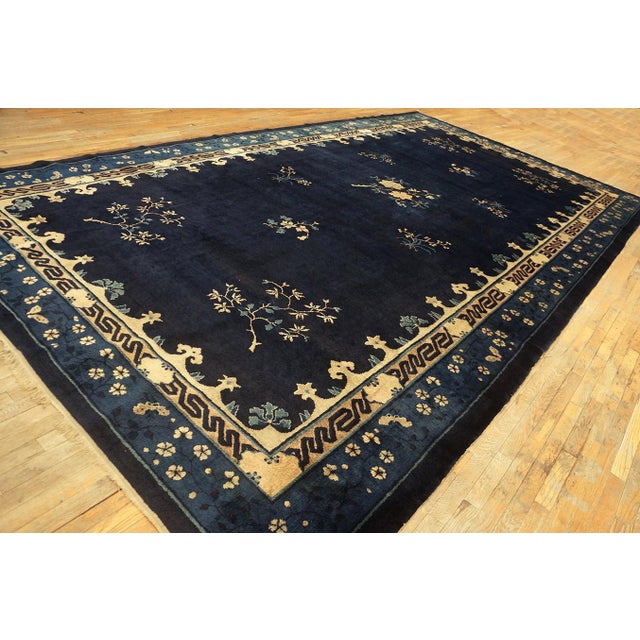 1920s Classic Greek Key Antique Peking Large Room Size Wool Blue Navy Rug For Sale - Image 4 of 11