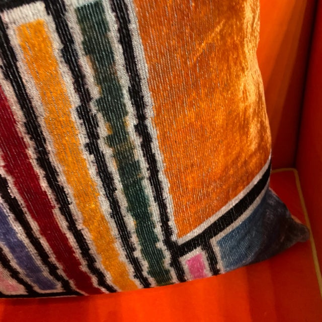 Orange Ikat Silk Velvet Pillow Colorblock For Sale - Image 8 of 10