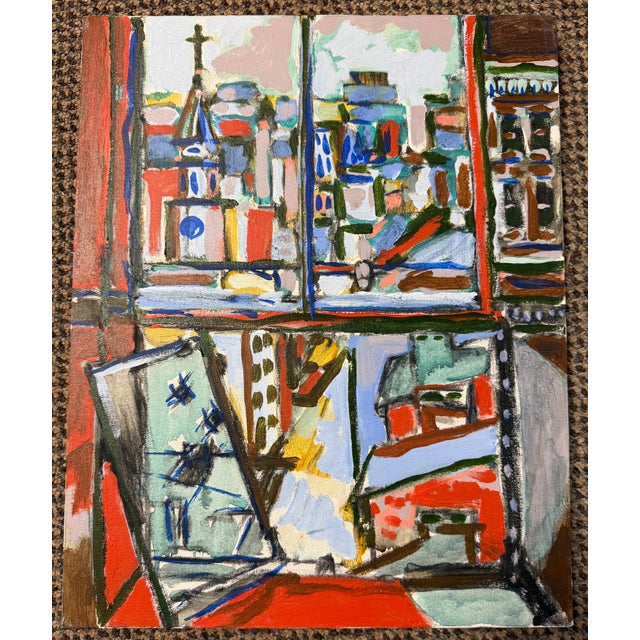 1970s Original Artist Painting of an Urban Cityscape From a Window With a View in Vibrant Colors For Sale - Image 4 of 4