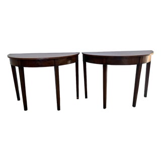 Pair of Federal-Style Demi-Lune Console Tables — Mahogany Veneer, Mid-20th Century For Sale
