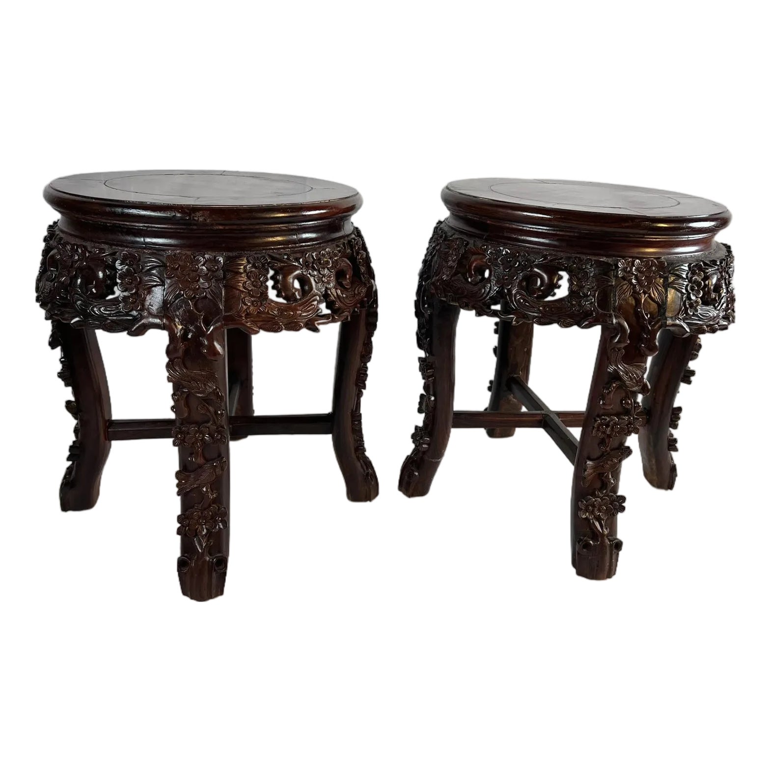 Pair of Vintage Rosewood Round Stools With Birds and Plum Blossoms ...