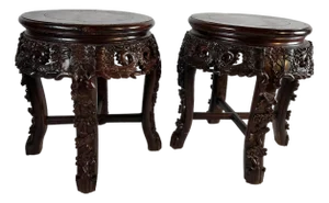 Pair of Vintage Rosewood Round Stools With Birds and Plum Blossoms