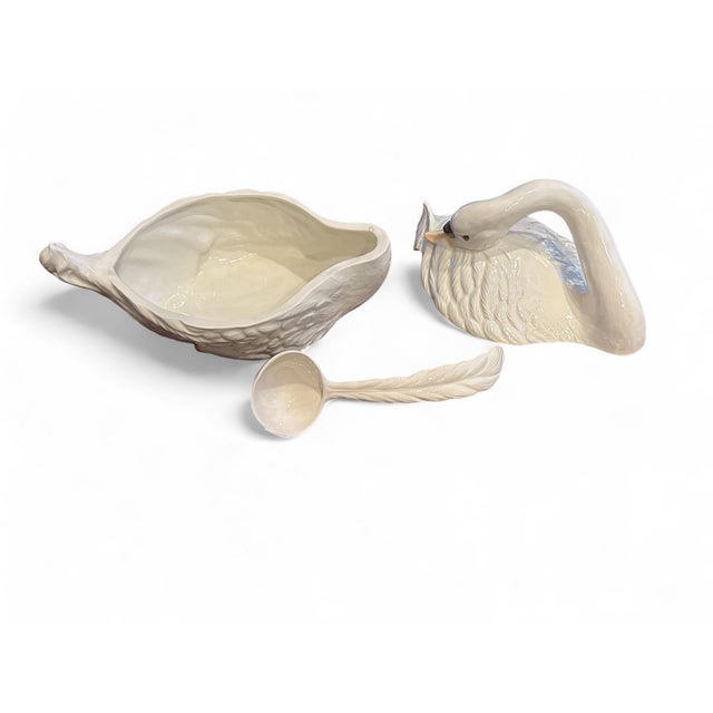 Hollywood Regency 1970s Large Cream Painted Ceramic Covered Swan Tureen With Feather Ladle For Sale - Image 3 of 4