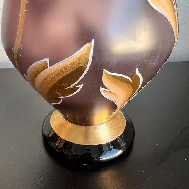 Mid-Century Modern 1950s Czech Art Glass Hand Painted Gold Enamel Vase For Sale - Image 3 of 8