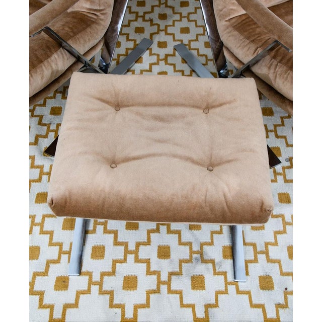 Mid Century Danish Modern Lounge Chairs Set Tufted Metal Ottoman Pair Tan Arm 2 For Sale - Image 10 of 12