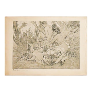 1905 French Art Nouveau Illustration - Alphonse Mucha, Three Figures in Grass ('Figures Decoratives,' Plate #33) For Sale