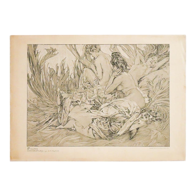 1905 French Art Nouveau Illustration - Alphonse Mucha, Three Figures in Grass ('Figures Decoratives,' Plate #33) For Sale