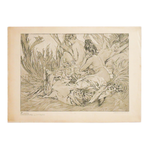 1905 French Art Nouveau Illustration - Alphonse Mucha, Three Figures in Grass ('Figures Decoratives,' Plate #33)