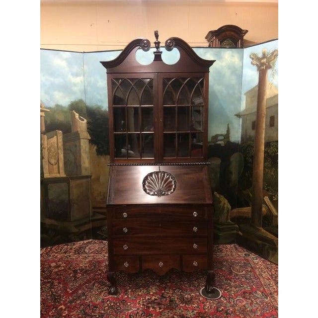 Item: Antique Mahogany Secretary Desk, two piece. Age & Condition: Circa 1930. Refinished condition. Small hairline across...