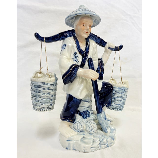 Blue Vintage Blue and White Porcelain Asian Figurine Carrying Baskets For Sale - Image 8 of 13