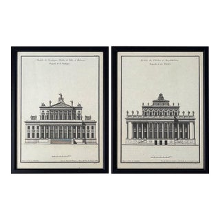 Pair of Antique French Neoclassical Architectural Engravings – Theatre & Basilica Facades, Framed For Sale