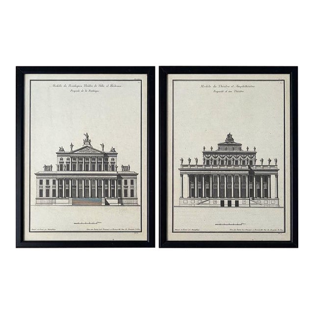 Pair of Antique French Neoclassical Architectural Engravings – Theatre & Basilica Facades, Framed For Sale
