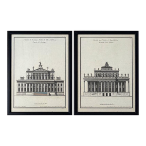 Pair of Antique French Neoclassical Architectural Engravings – Theatre & Basilica Facades, Framed