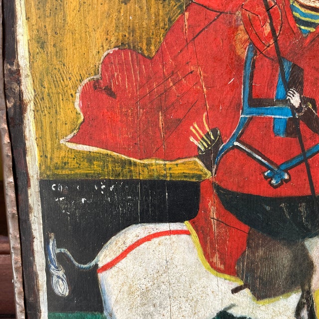 Rustic European Large Antique 28" Eastern Orthodox Folk Art Icon - St. George & Dragon - 2" Wood Slab For Sale - Image 3 of 12