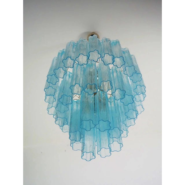 Mazzega Murano Three-Tier Murano Glass Tube Chandelier in Blue Glasses For Sale - Image 4 of 10
