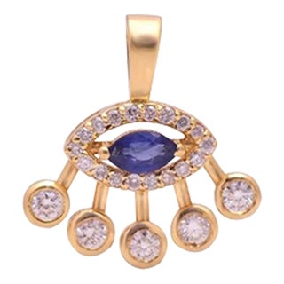Solid 14k Gold Blue Sapphire Diamond Evil Eye Pendant For Sale
