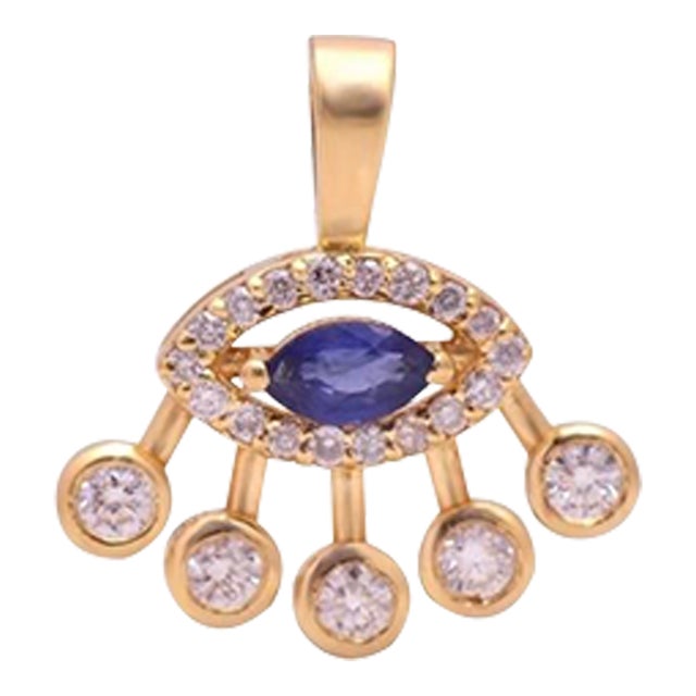 Solid 14k Gold Blue Sapphire Diamond Evil Eye Pendant For Sale