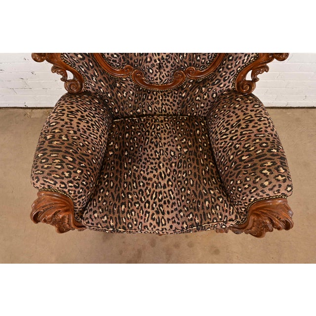 Brown Italian Baroque Ornate Carved Walnut Throne Chairs or Lounge Chairs With Leopard Print Upholstery For Sale - Image 8 of 12