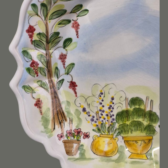 Vintage "Ma Maison" Hand Painted Collection Garden Scene Scalloped Edge Platter For Sale - Image 6 of 11